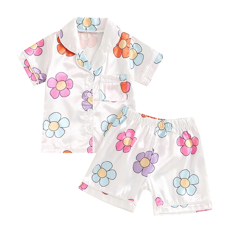 Little Girls Floral Print Pajama Set Short Sleeve Lapel Neck Single Breasted Tops Elastic Waistband Shorts Outfits