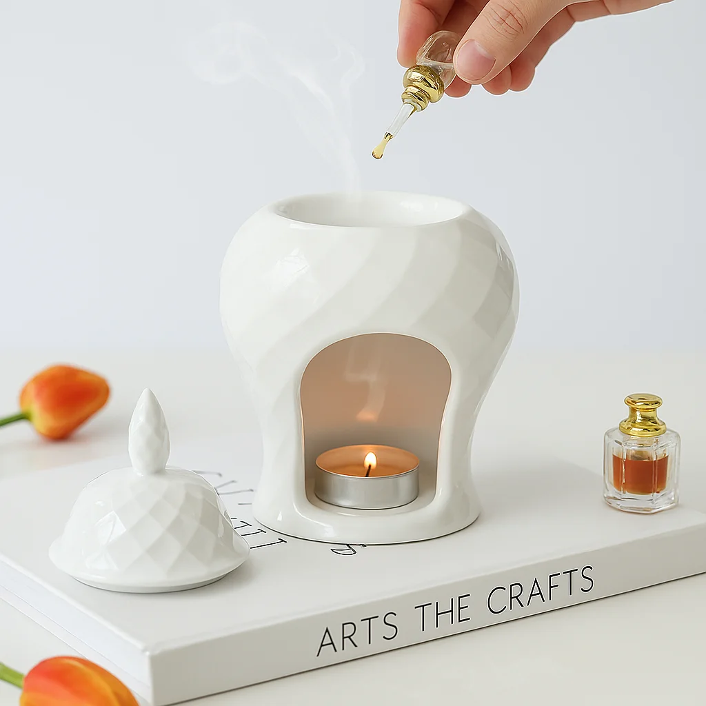French Vintage Ceramic Oil Burner, Aromatherapy Wax Warmer with Candle Heating, Elegant Home Decor Gift