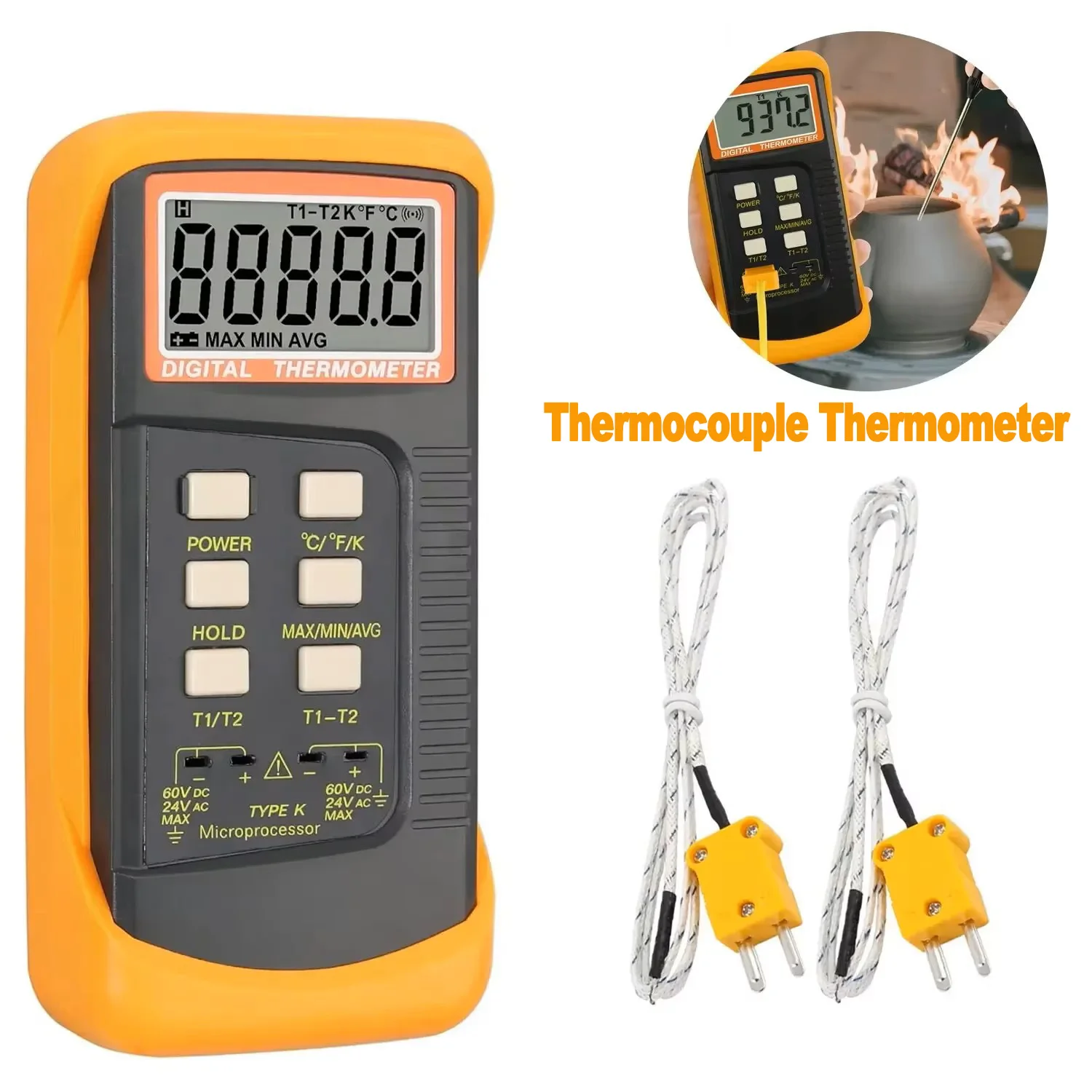 

LCD Thermocouple Thermometer -50C-1300C K-Type Digital Temperature Meter Dual Channel Probe C/F/K Swift Data Hold