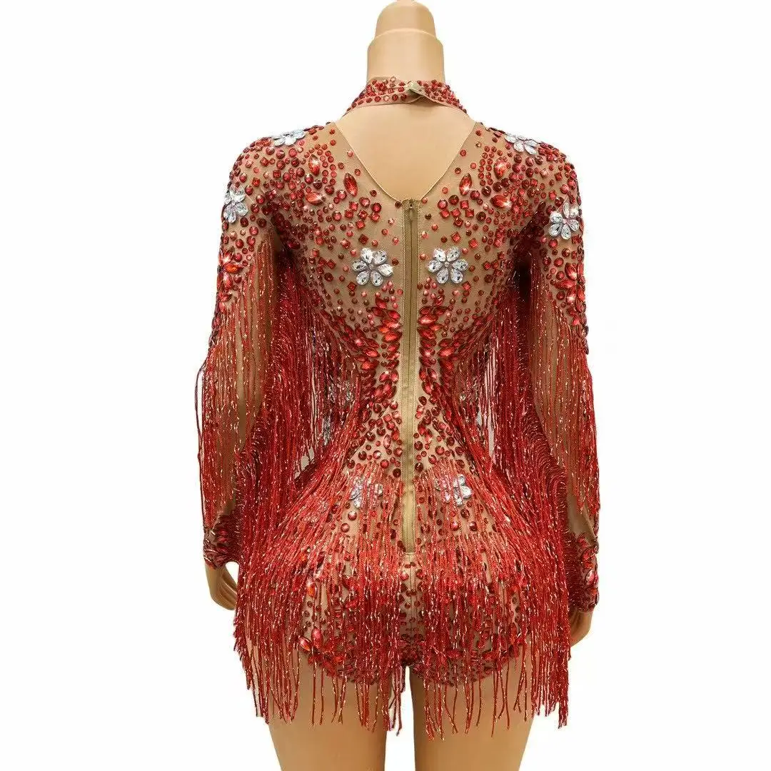Birthday Celebrate Long Sleeves Dance Bar Women Singer Outfit Blue Silver Rhinestones Transparent Fringe Bodysuit