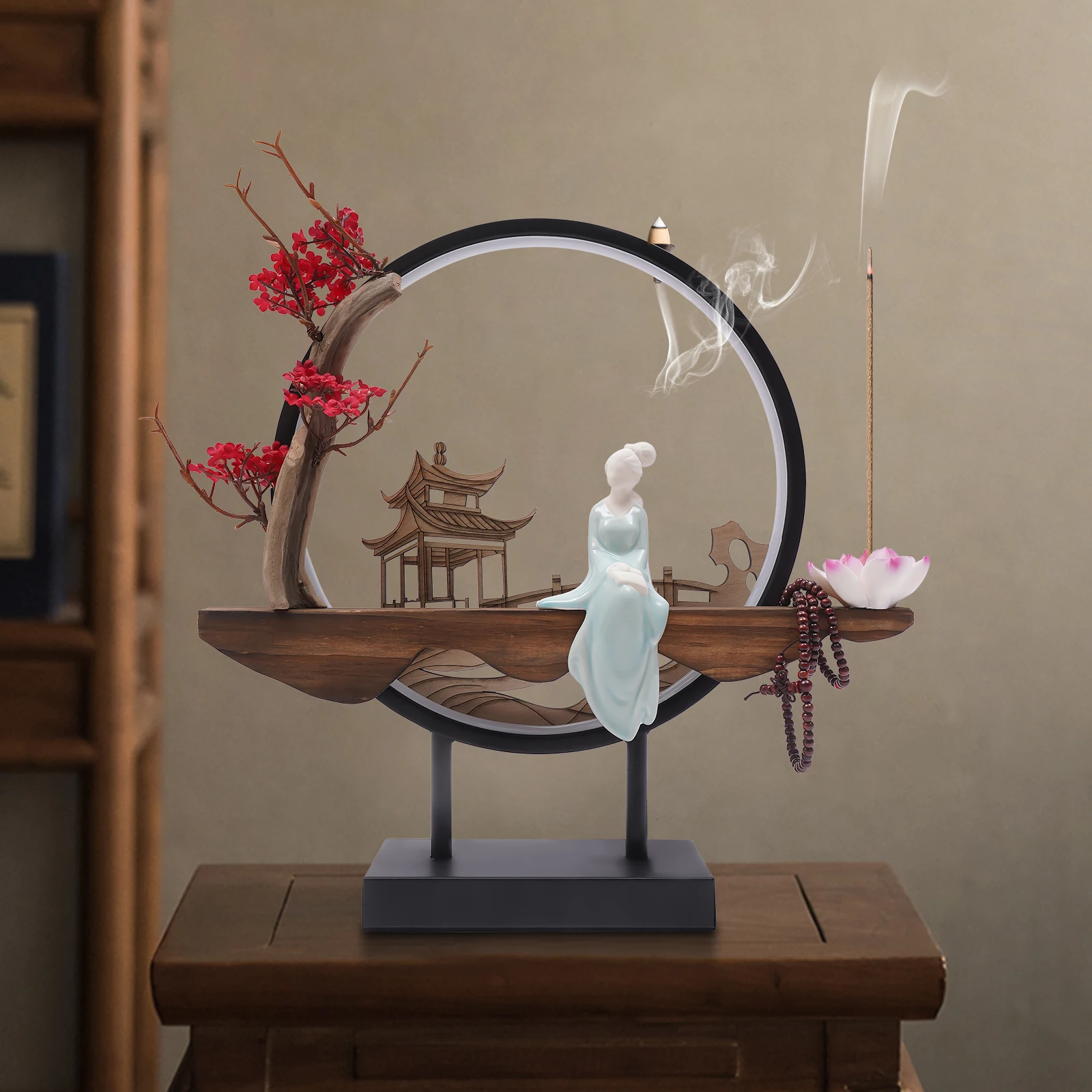 حامل بخور ديكور منزلي مزود بإضاءة - نباتات حية + هيكل عظمي (أبيض ترانكييل)، يناسب غرفة المعيشة/المكتب/السبا سطوع قابل للتعديل