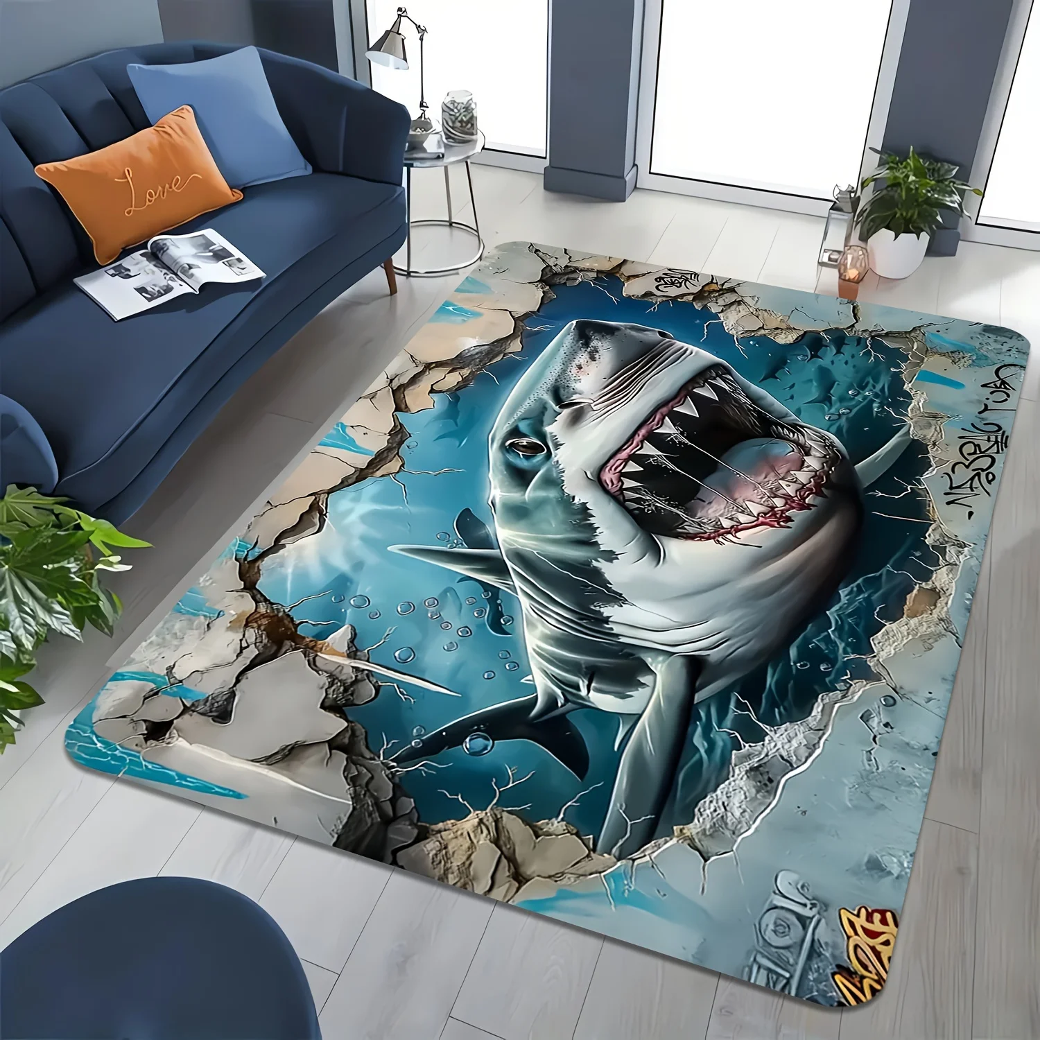 3D Shark Attack Rug Flannel Soft Kids Carpet Broken Floor Print Bedroom Kitchen Floor Mat Anti Slip