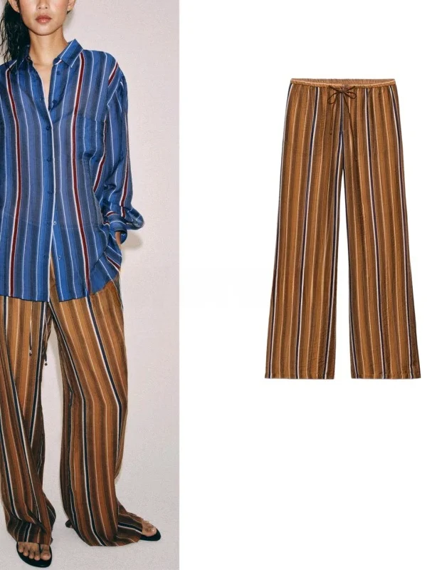 Summer Women's Elastic Waist Mid-Rise Striped Sleepwear Wide Leg Pants Casual French Style Polyester Fiber Straight Cut Trousers