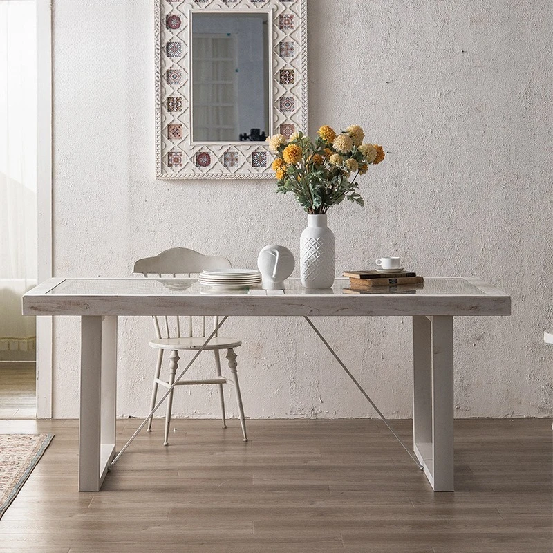 Indonesian retro painted pattern dining table tempered glass office computer table carved American simple live stream table