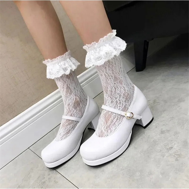 Sapatos de salto médio grosso de cabeça quadrada para mulheres, Estilo Kawaii, Sapatos Lolita Doce Estudante, Fivela Cosplay, Anime Menina Bonita, Festa do Chá, Cosplay, Bonito