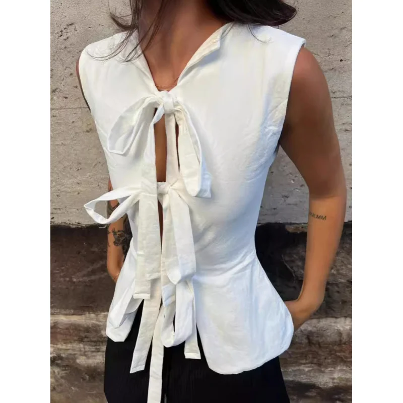 

Women's White Sexy Short Top, Sleeveless, Slim-Fit, Lace-up, Beach Party Vest, Fashion