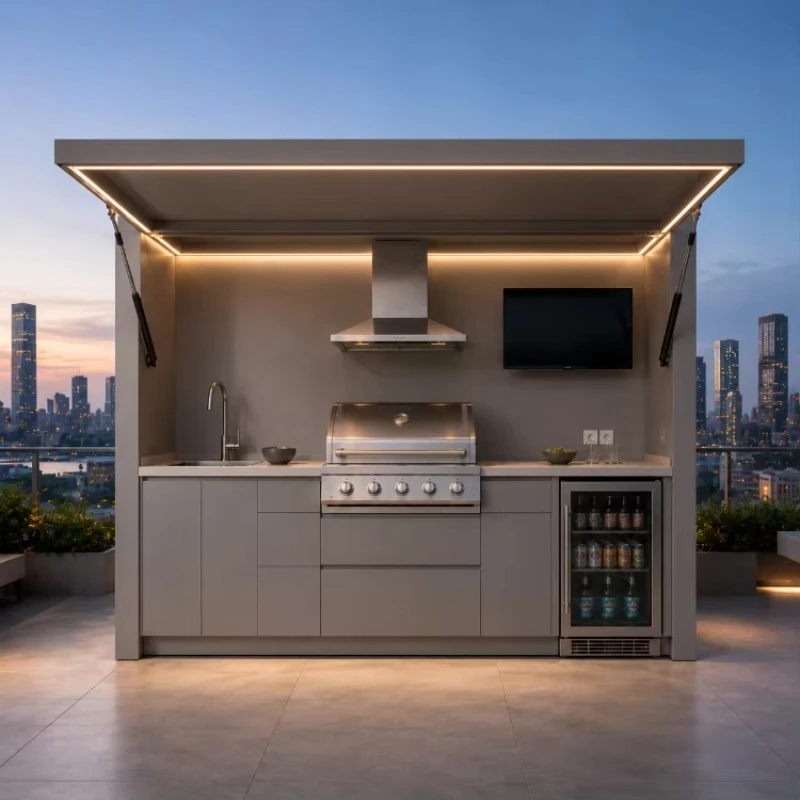 Integrated Outdoor Kitchen Pod for Patio Resort and Villa Use Luxury Outdoor Cooking Station with Grill Sink and Cabinet