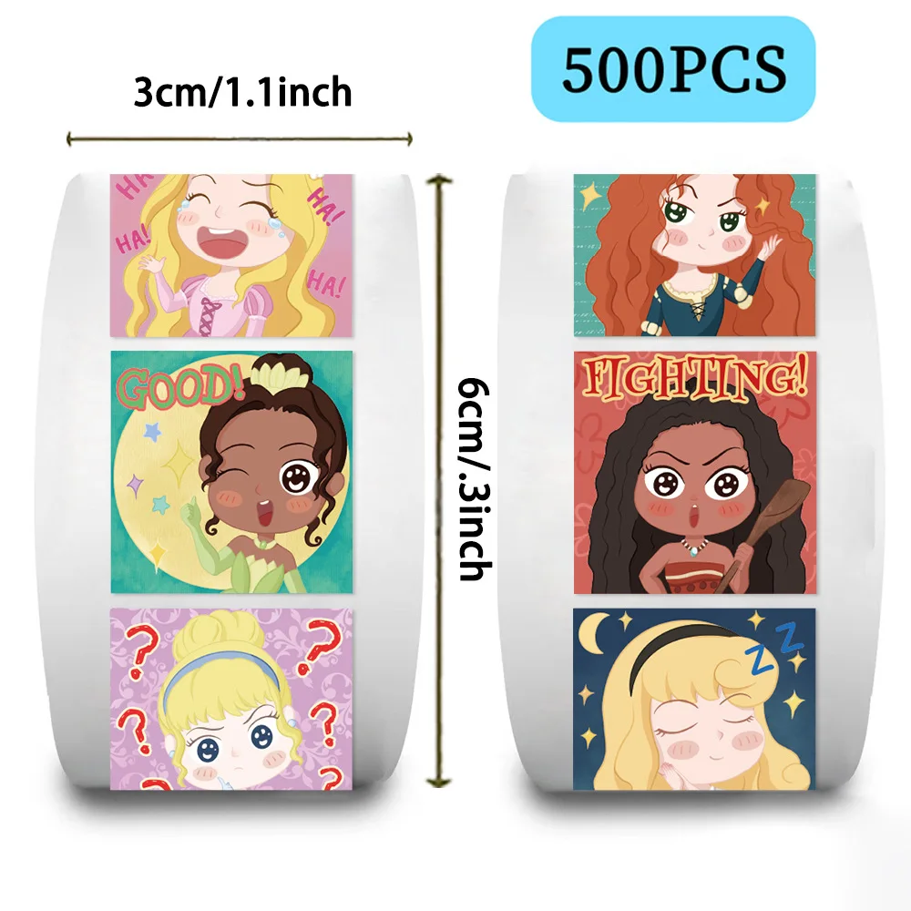 

500Pcs/Roll Disney Princess Stickers Kawaii Cute Cartoon Label Seal Stickers Rolls Stickers for Phone Cup Luggage Stickers Toys