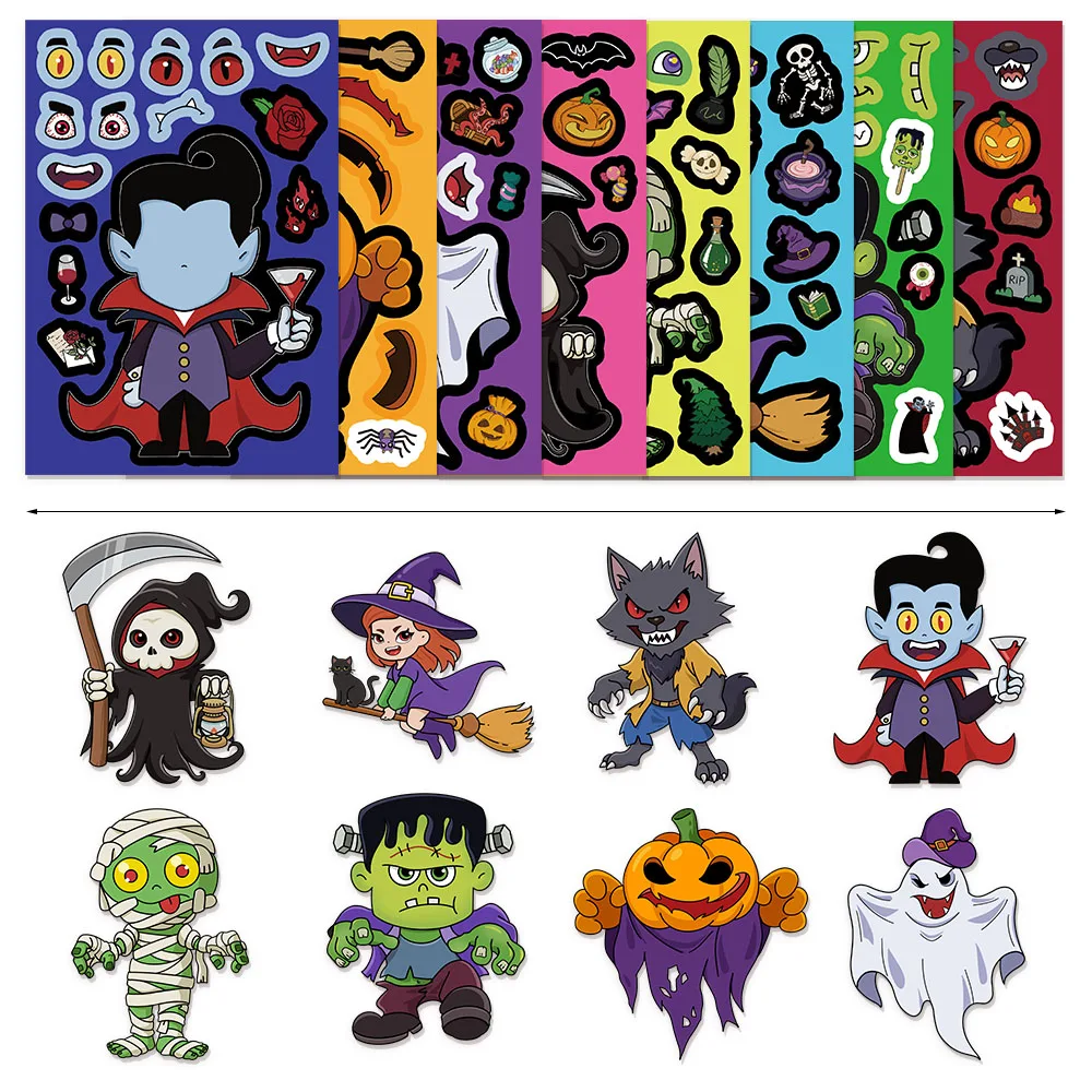 8PCS humorous Halloween face changing collage creative stickers DIY luggage, notebook, water cup, stickers