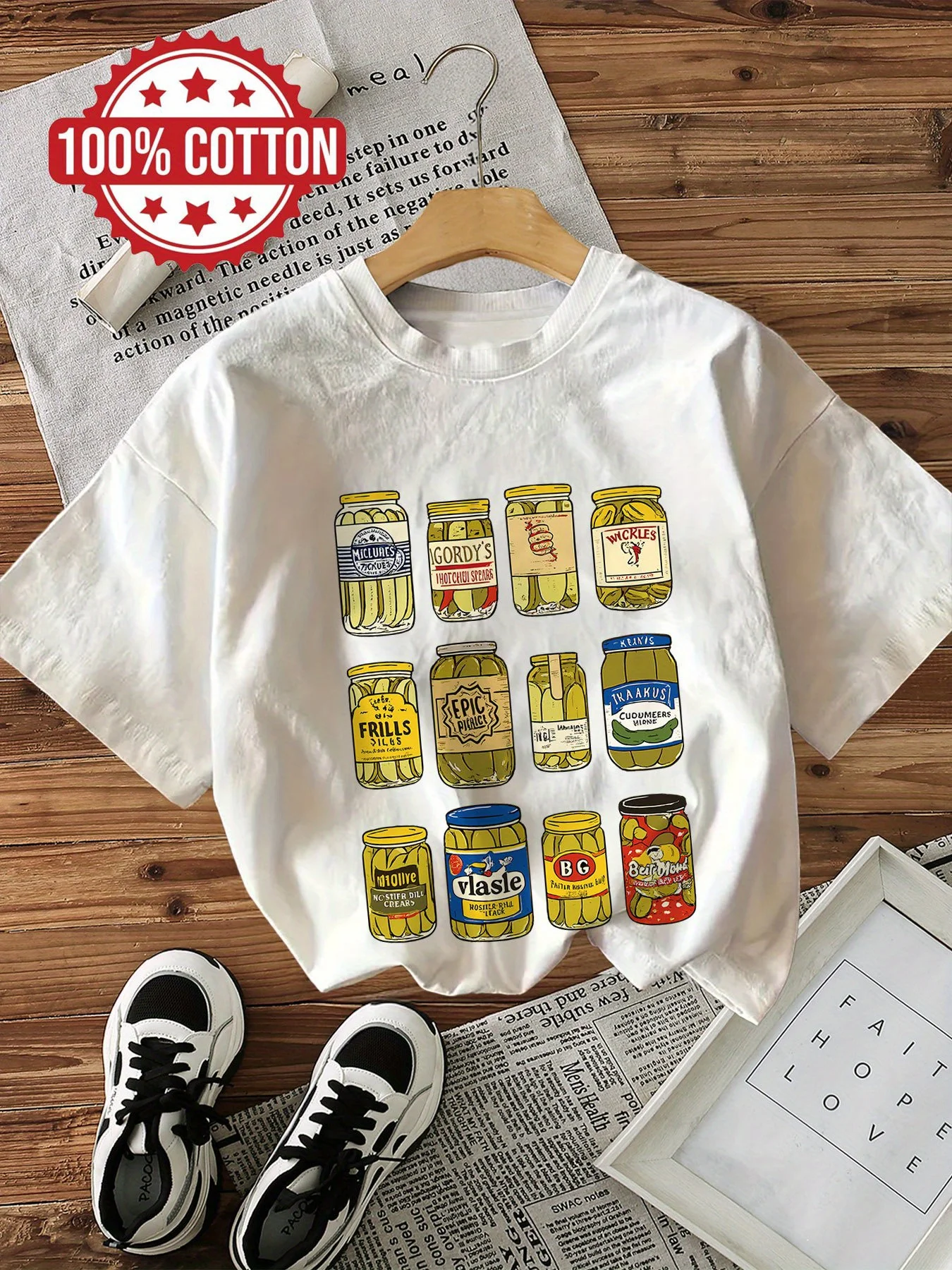 Pickle Jar Design Women's Casual T-Shirt Loose Short Sleeve Round Neck Tshirt Canned Pickles Graphic Tee Cotton Female Clothing
