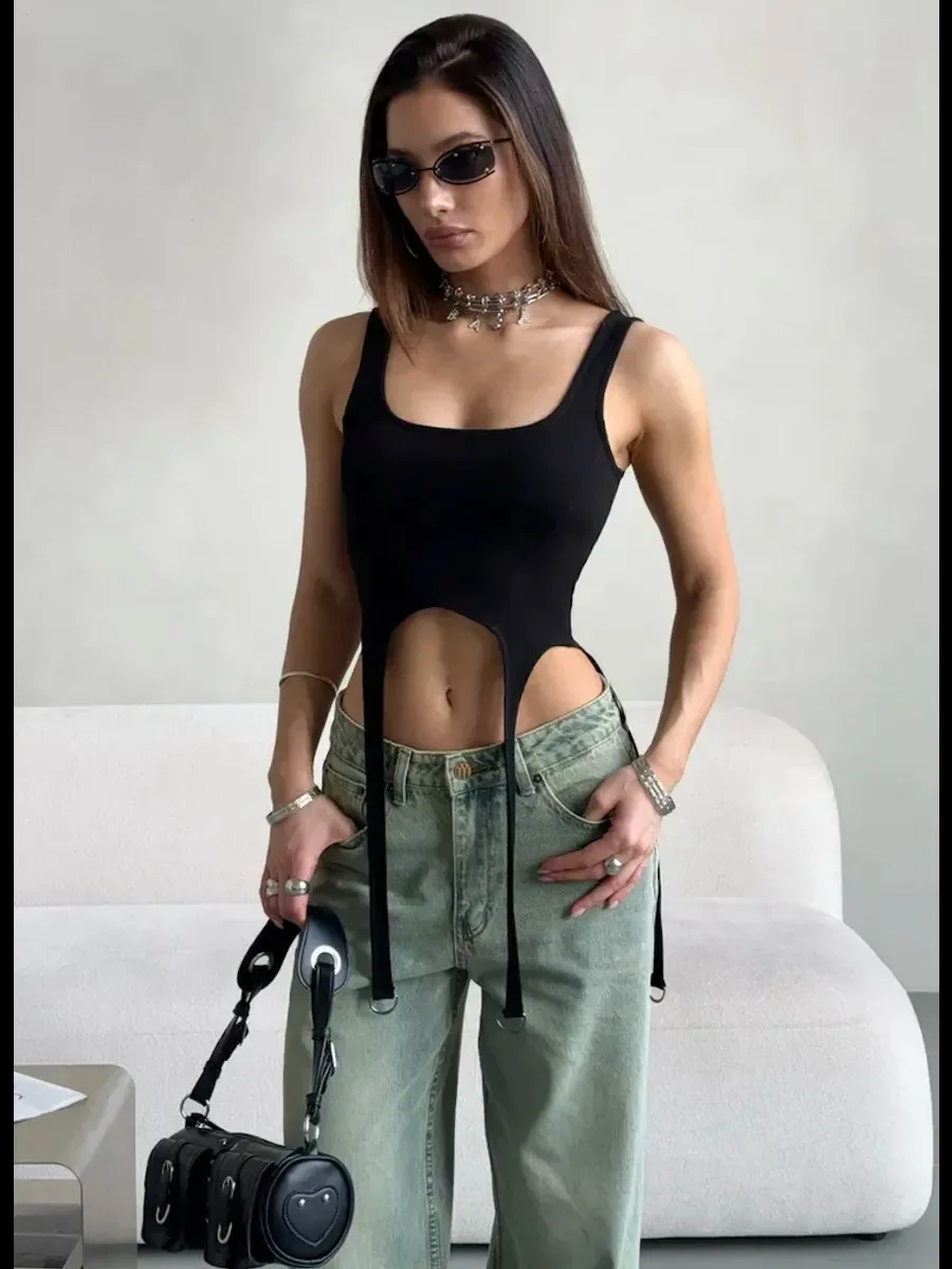 European American 2026 Summer Cross Shaped Ribbed Irregular Vest Women’s Street Sexy Personality Trendy Casual Top