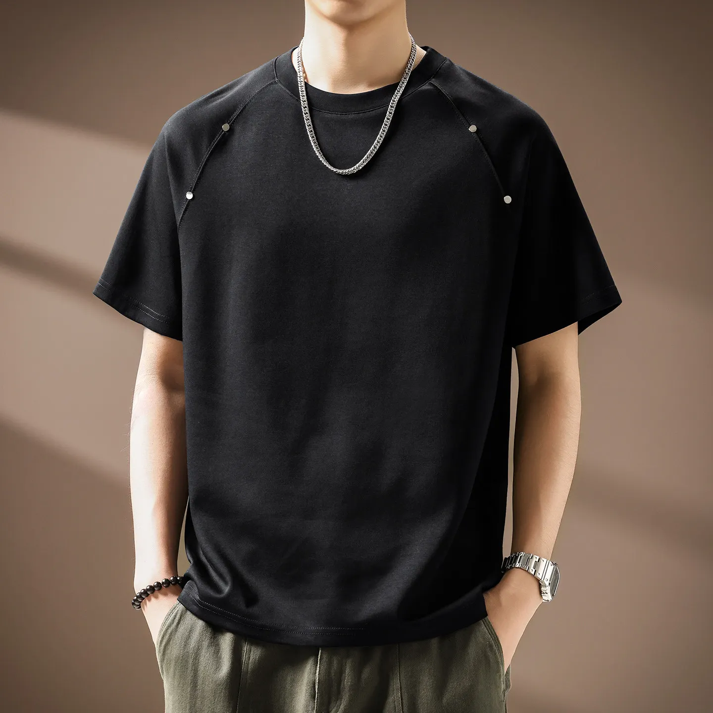 American Summer 2026 New Fashion Men White Black Apricot Simple Basic Loose Fit Casual Trendy T-shirts Male Top Clothes Tees