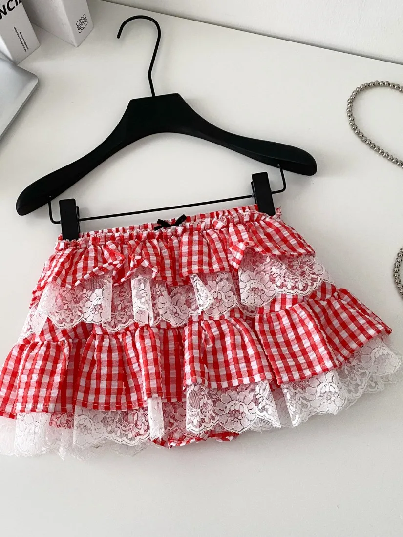 

Foamlina Летняя кружевная многоярусная мини-юбка с рюшами Dopamine Pure Desire Стиль клетчатая эластичная талия Мини-короткая юбка для горячих девушек