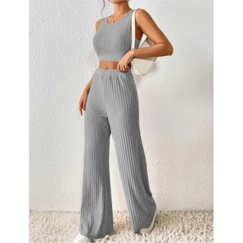 

New Spring Solid Color Fashion Casual Knitted Cotton Waist Sleeveless Tank Crop Top High Waist Pants Set For Women's Clothing