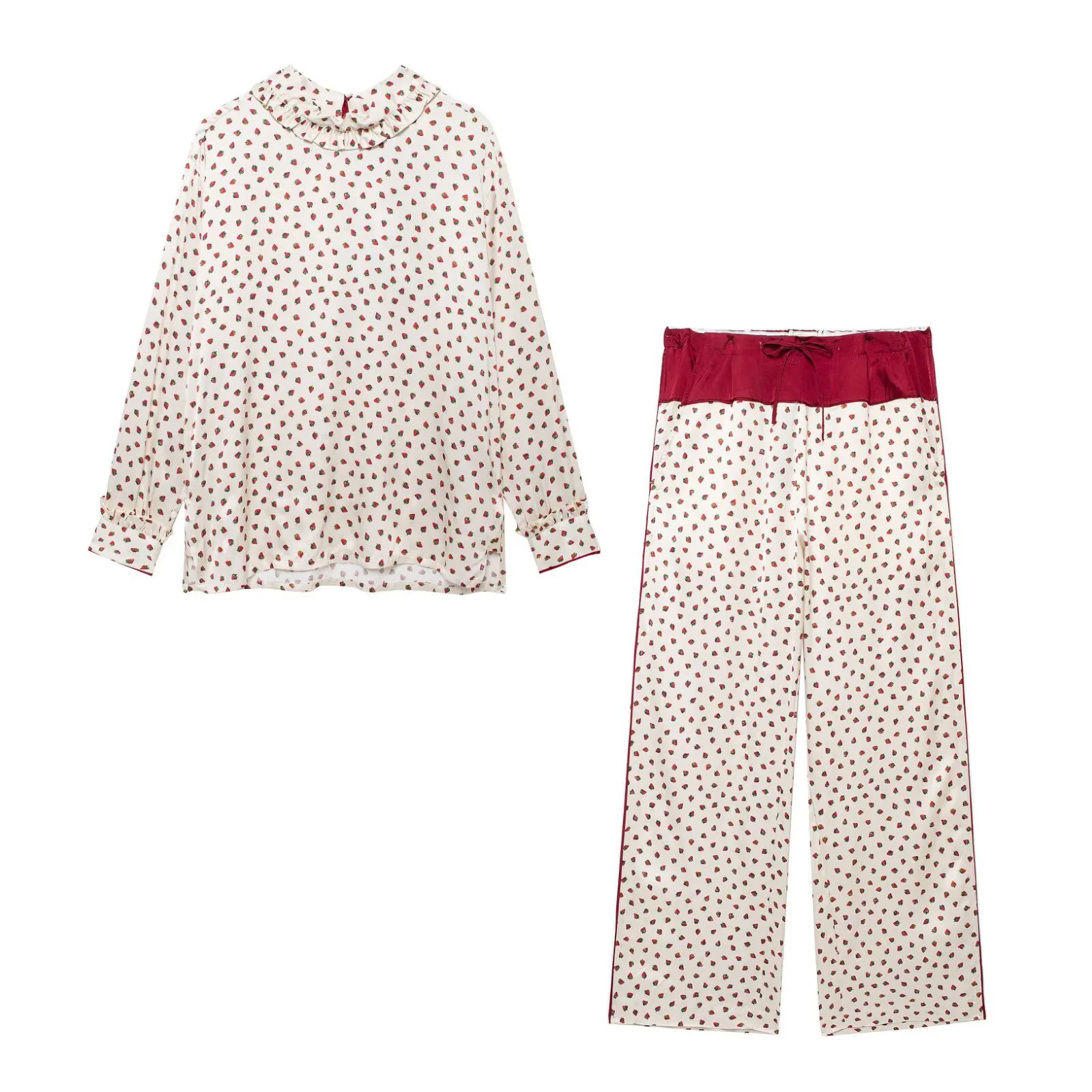 

Европейский и американский стиль, новинка лета 2025 года, женский дизайн, универсальный топ с высокой талией и клубничным принтом, комплект брюк