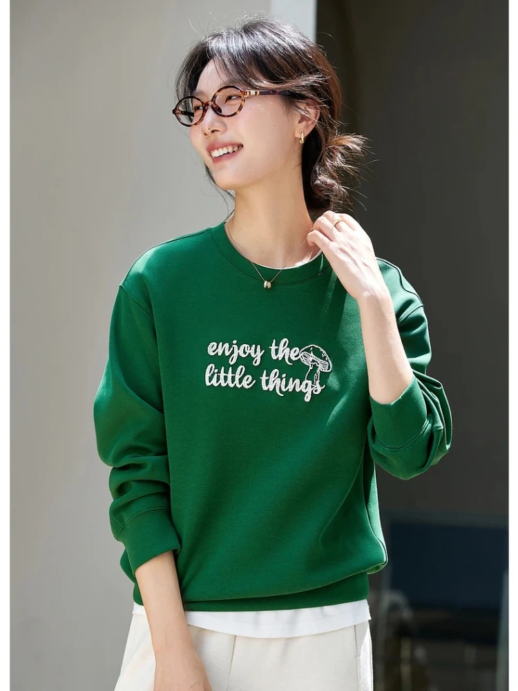 

VIMLY Sweatshirts Women Fashion Autumn 2025 Casual Round Neck Loose Sweatshirt Letter Embroider Long Sleeve Knitted Tops A2106