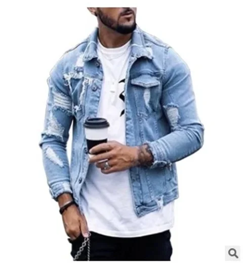 Men Denim Jacket Hole Ripped Men Coat Moto Biker Men Jeans Jacket Pockets  Washed Jeans Bomber Jacket