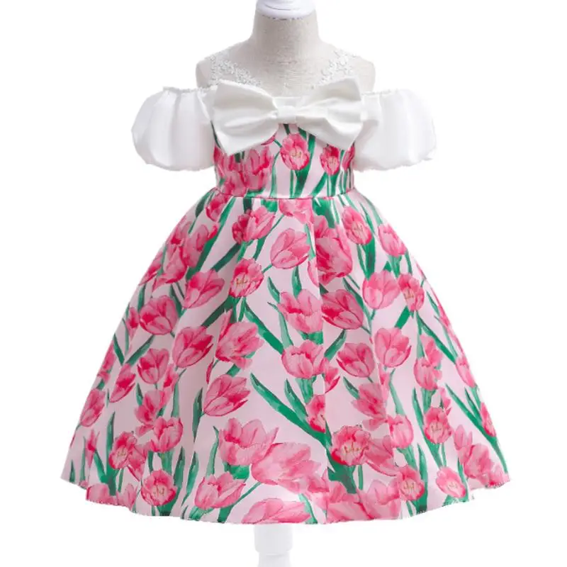 Summer New Princess Dress Tulip Print Bow Lantern Sleeves Princess Dress Lace Hanging Strap Sweet and Cute Dress