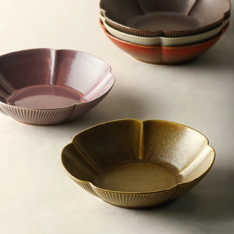 

Japan Retro Style Ceramic Plates Flowers Sharp Home Use Resturant Fruit Salad Creative 7.5 Inch Striped Pigmented Pottery Dish