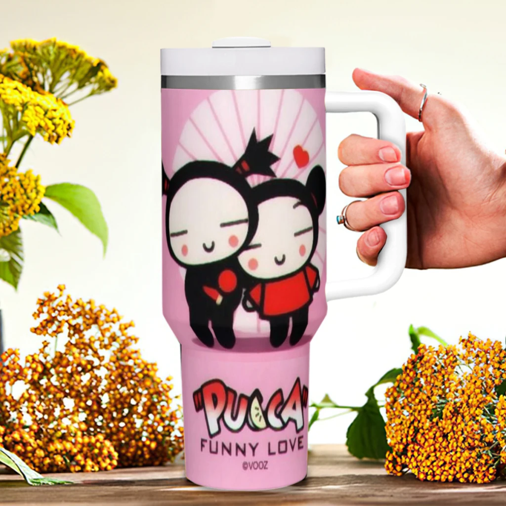 Car Travel Mugs Cute Cartoon Pucca Garu Stainless Steel 304 Tumbler Water Bottle 40oz/1200ml