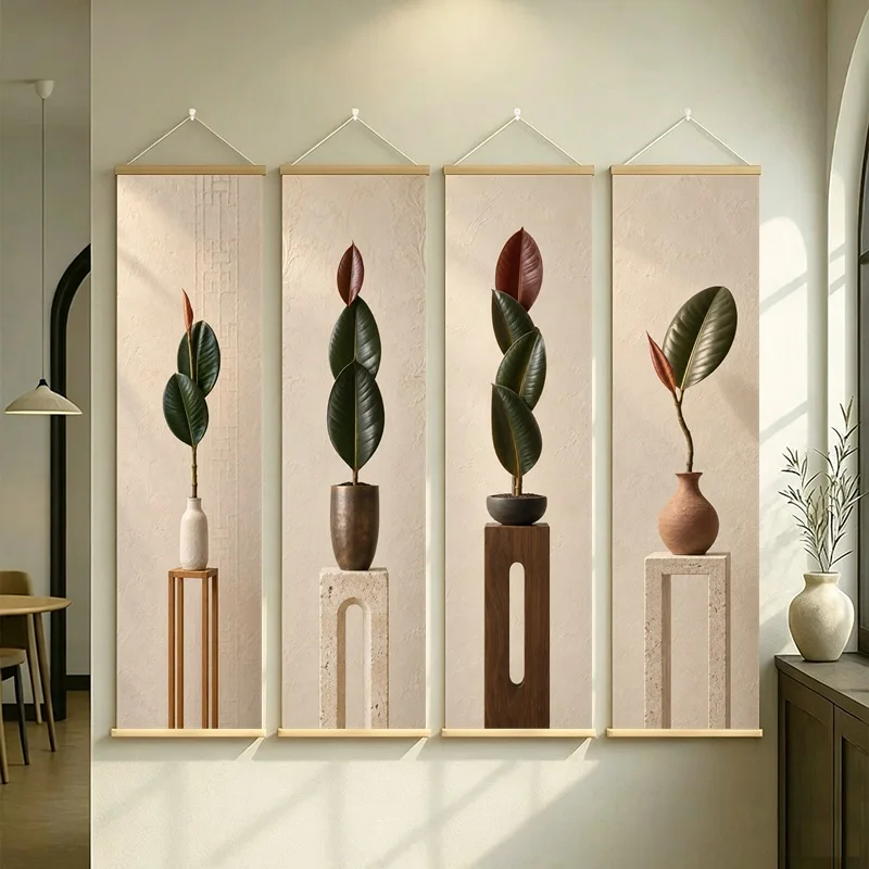 Dark Leaf Wall Art 4-Panel Green Burgundy Plant Vase Scroll Set on Cream Silver Shimmer Canvas for Sophisticated Office Decor