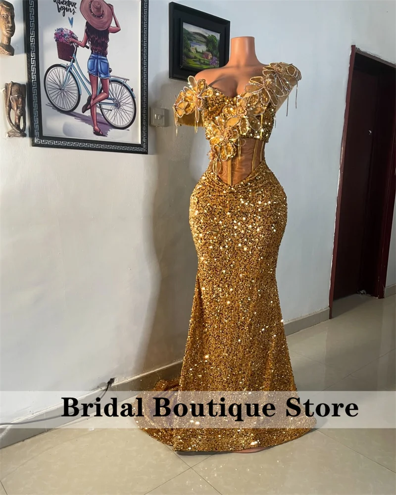 Sparkle Golden Aso Ebi Evening Dresses Sequin Gown Off Shoulder Crystals Appliques Mermaid Formal Prom Party Gowns Customized image 3