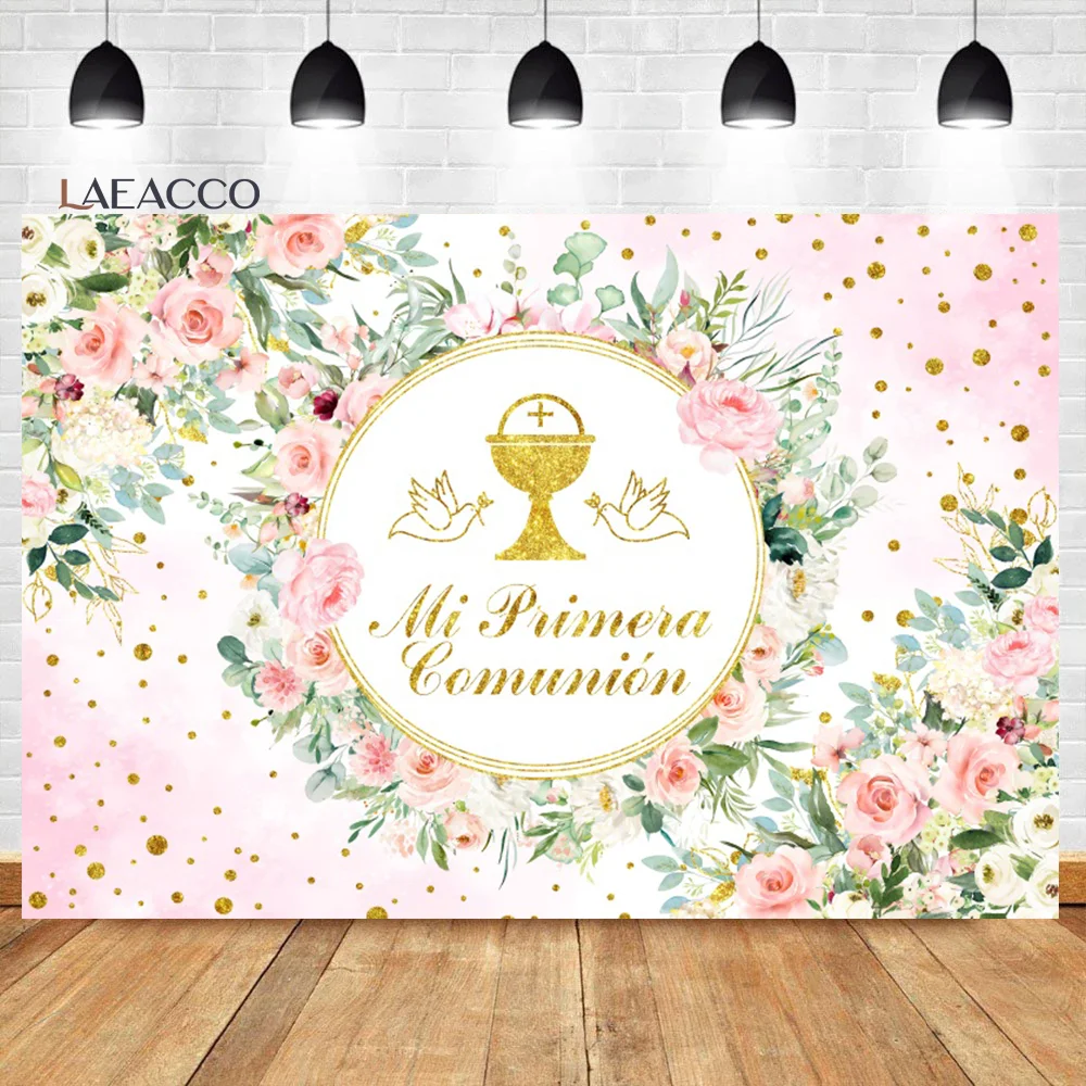 Laeacco Mi Primera Comunion Background Pink Floral Gold Grail Dove Girls Baptism Birthday Portrait Custom Photography Backdrop