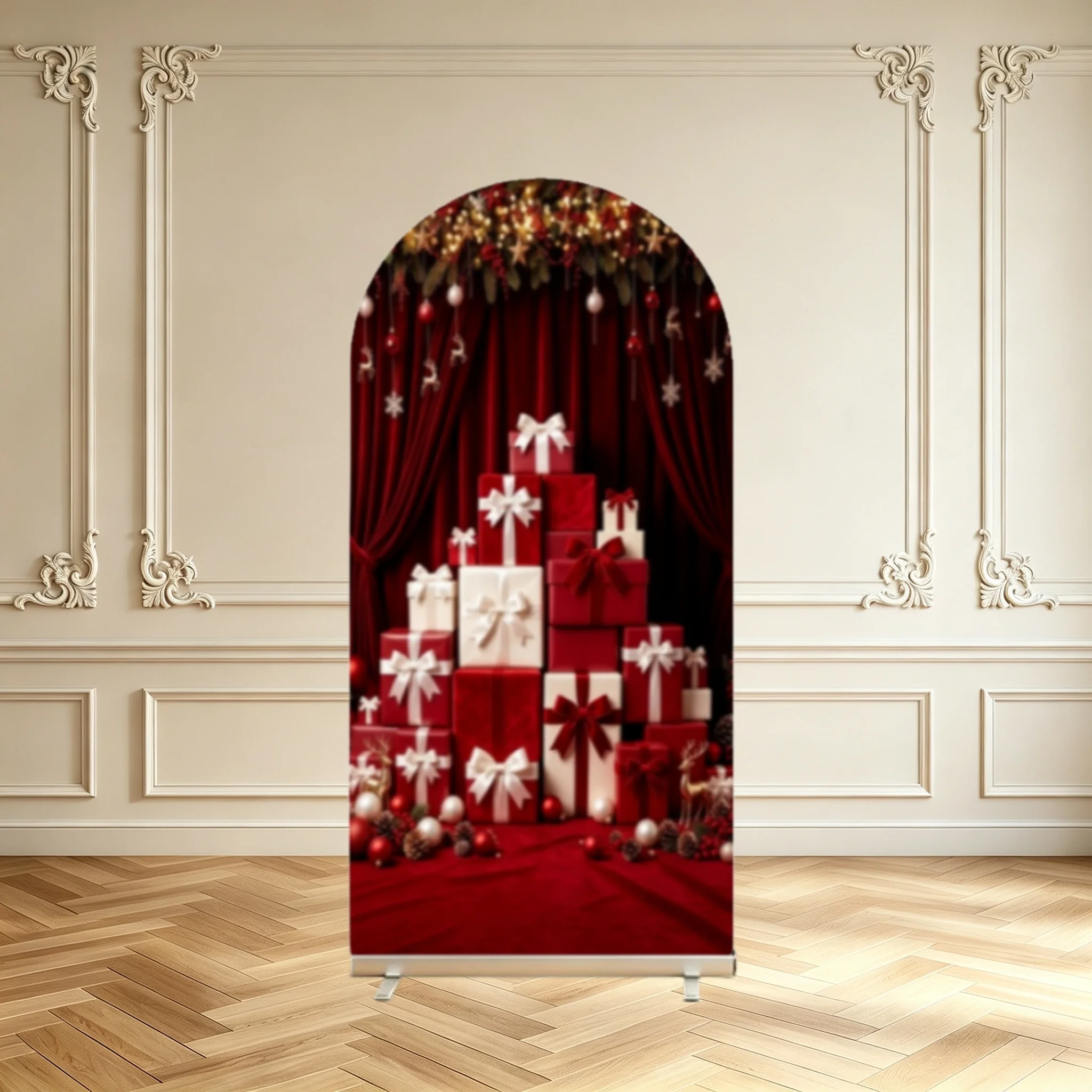Luxury Red Christmas Arch Background Cover Gift Boxes Velvet Drapes Classic Xmas Family Party Decoration Arch Cover Background