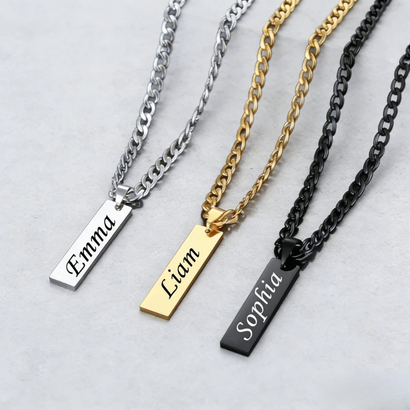 Unisex Stainless Steel Thick Link Chain Pendant - Customized Name Engraved Square Tag Vintage Classic Jewelry Gift for Men Women