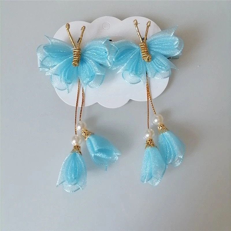 دبوس شعر للأطفال على شكل فراشة دبوس شعر شيفون لؤلؤي بتلات شرابة دبوس شعر للفتيات إكسسوارات شعر للفتيات #4