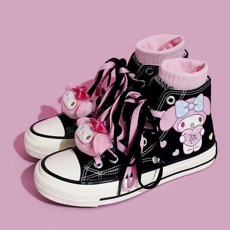

Холщовая обувь в стиле аниме My Melody, студенческая мультяшная лягушка Hello Kitty, высокие повседневные туфли, прогулочная спортивная обувь на плоской подошве для взрослых