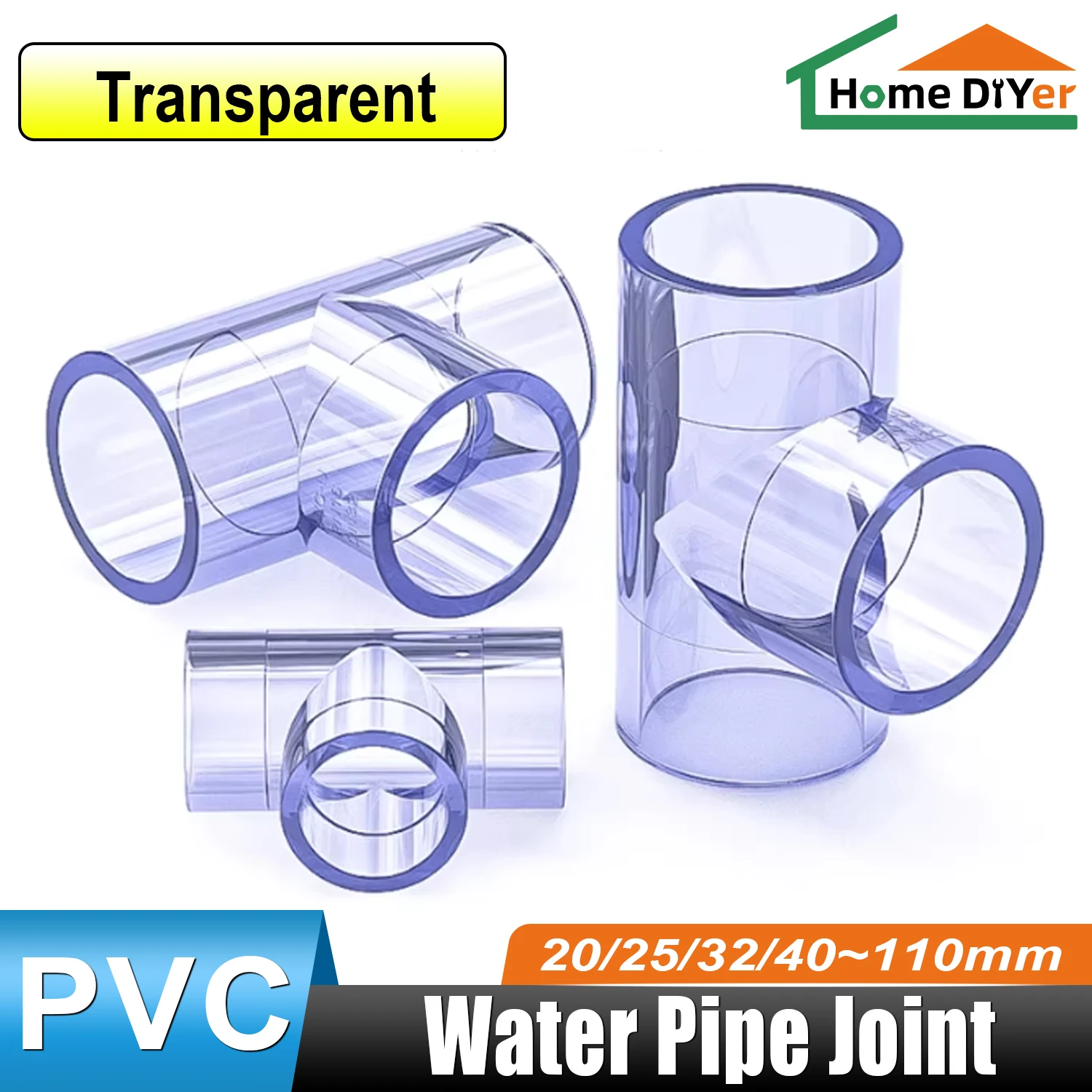 20-110mm Blue Transparent Tee Connector, UPVC Pipe Connector, Aquarium Accessories, Quick Connector