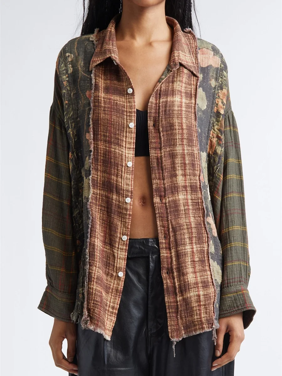 

2025 женская модная клетчатая рубашка из чистого хлопка, свободные повседневные женские топы с длинными рукавами y2k, новый универсальный кардиган высокого качества, бюстгальтер