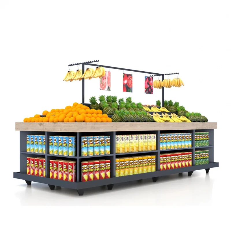 custom.Customized Wooden Metal Fruit and Vegetable Display Shelves Rack Supermarket