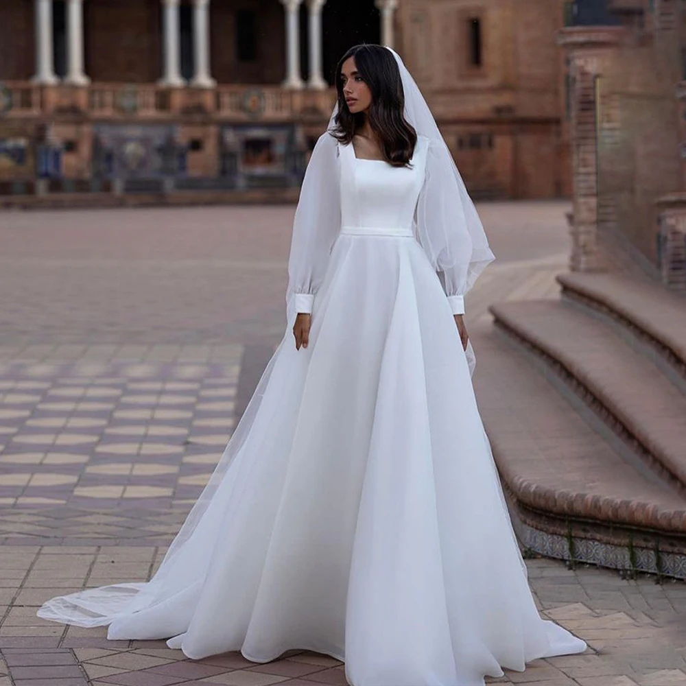 

White Organza A Line Wedding Dresses Long Sleeve Square Neck Bride Dress with Train Long Simple Civil Wedding Gowns Backless