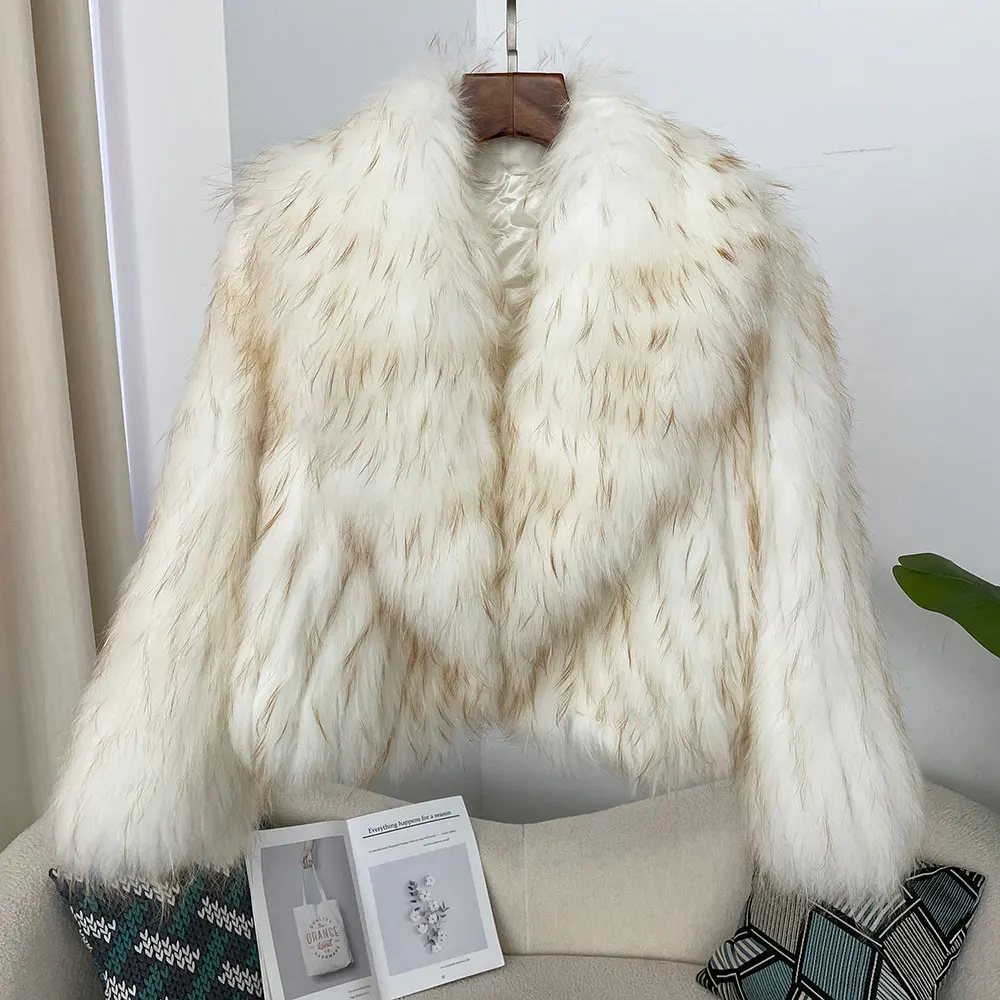 Real Natural Raccoon Fur Jacket New Fluffy Luxury Fur Knitted Coat Women Winter Overcoat Natural Fur Collar Outerwear Short