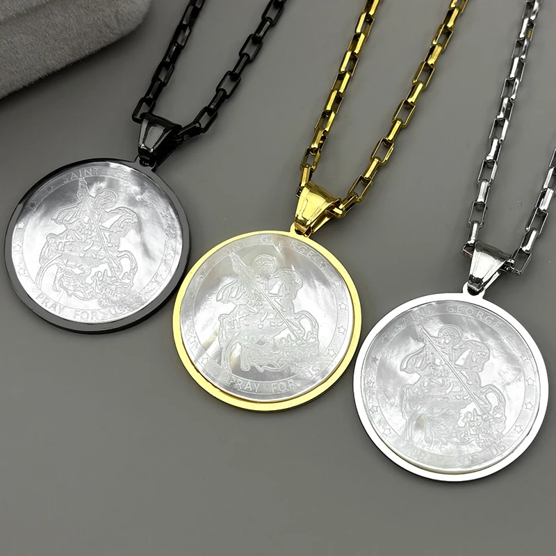 

Saint Georg Pray For Us Pendant Necklace For Women Men Stainless Steel Natural Shell Star Medal Chain Amulet Jewelry Accessories