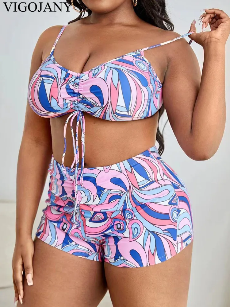 VigoJany 2025 Print 3 Piece Long Sleeve Smock Plus Size Bikini Set Women Push Up Big Swimsuit High Waist Chubby Bathing Suit