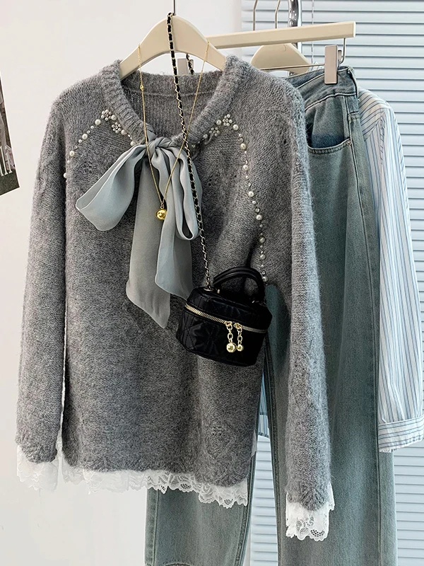 Schlankheitseffekt, schwere Verzierung, Spitze, große Schleife, Oulder-Pullover, koreanisches Sle Long Sve, rundes, gestricktes Top für Damen