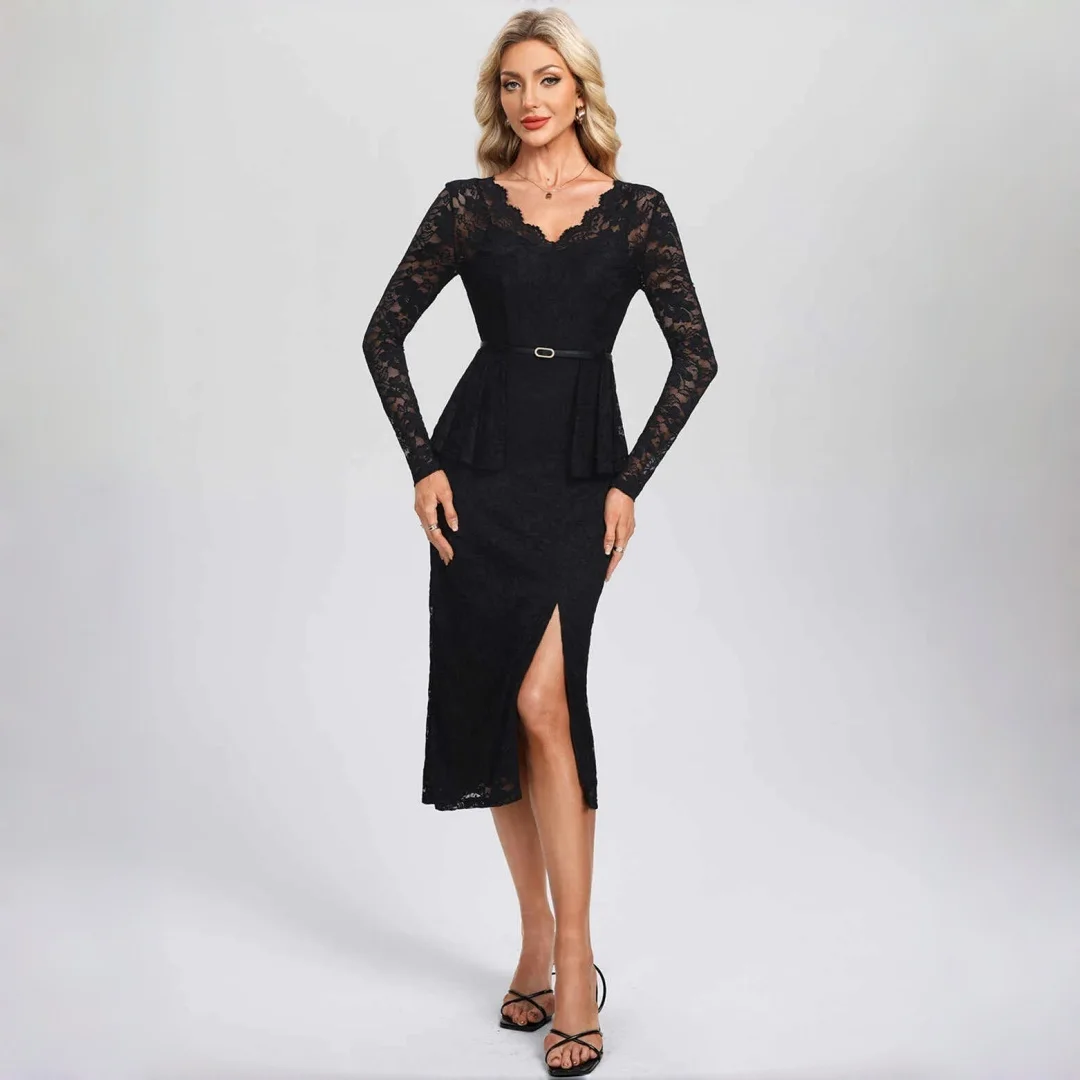abito-da-sera-midi-in-pizzo-nero-da-donna-scollo-a-v-maniche-lunghe-peplum-spacco-in-vita-vestito-aderente-con-cintura-sottile-elegante-abito-da-sposa