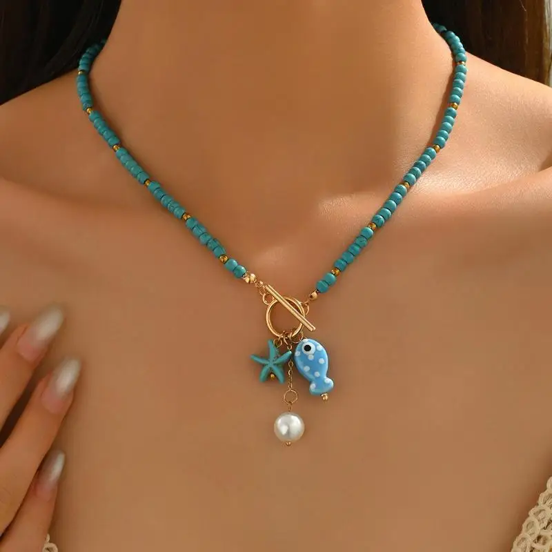 Bohemian Nautical Pendant Necklace Smooth Ceramic Fish Starfish Design Delicate Summer Jewelry for Women Seaside Trip Wear