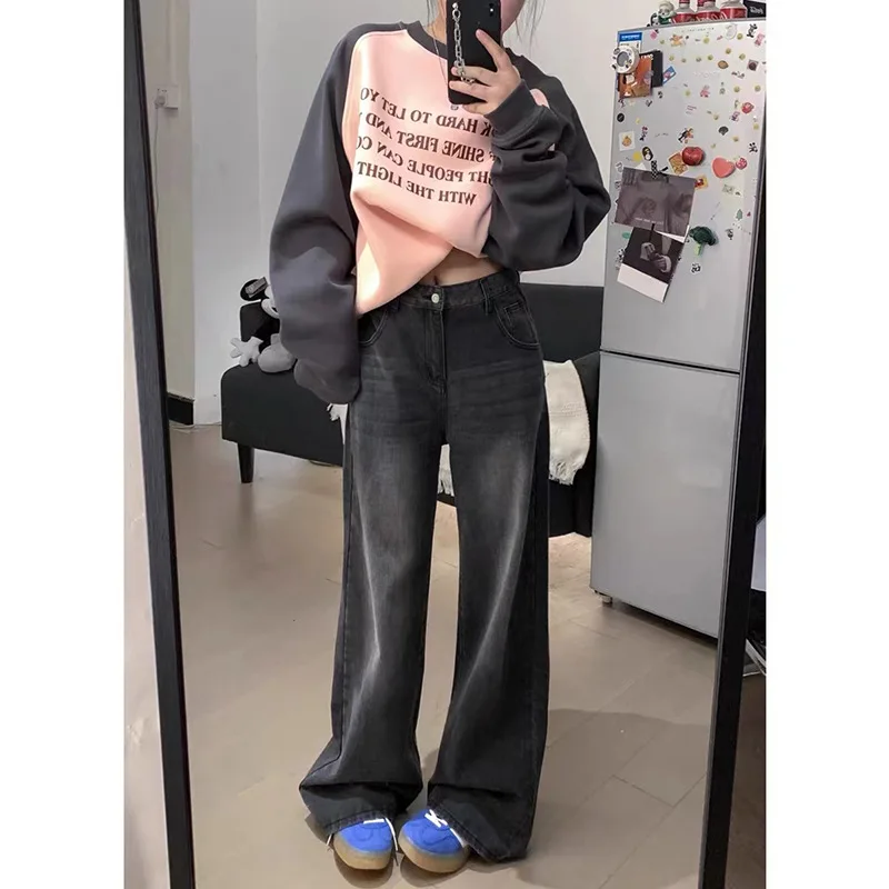 

Plus Size American Retro Black Jeans For Women Y2k Fall Winter Fat Mm Loose Slim High Waist Straight Tube Wide Leg Mops Pants