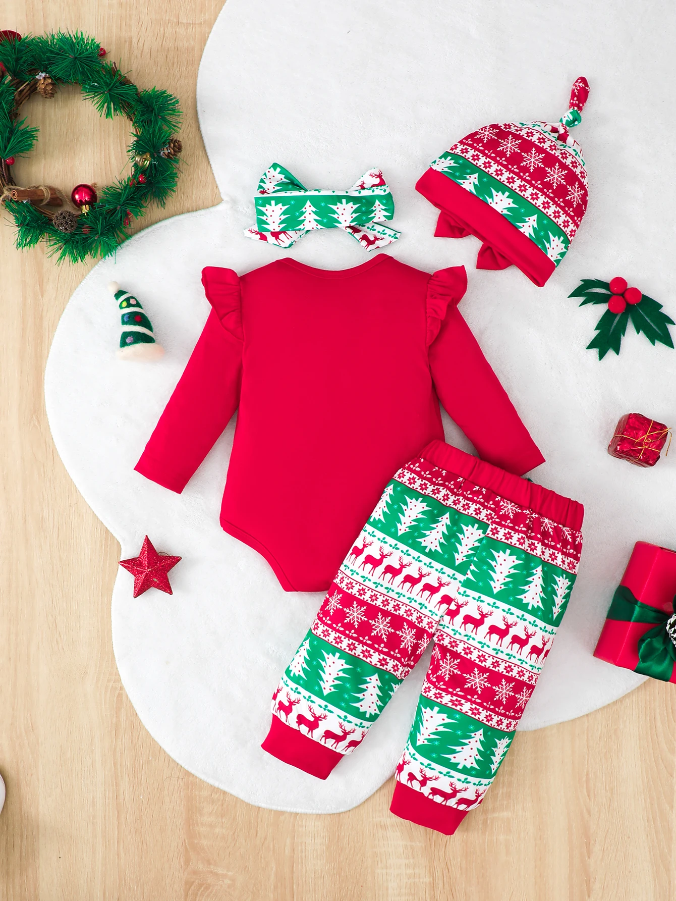 0-18 Months Baby Christmas Outfit 4Pcs Set Autumn Long Sleeve Romper + Pants + Hat + Headband Newborn Infant Xmas Clothes Set