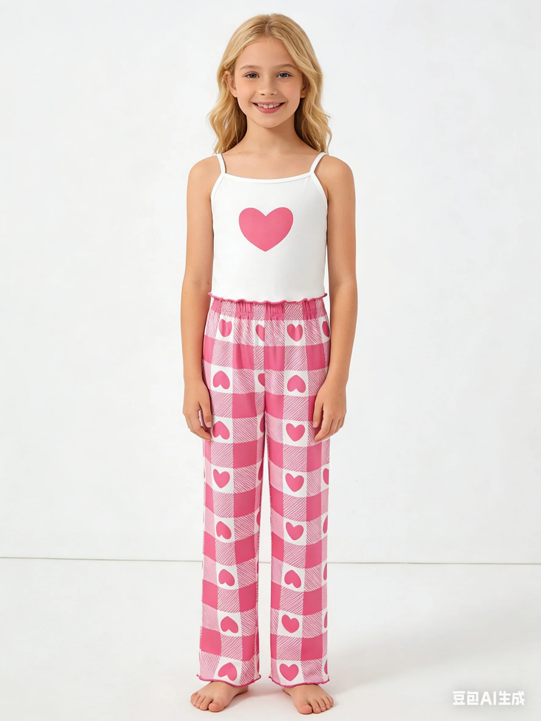 Fashionable girls' home set summer heart-shaped camisole vest plaid pants pajamas two-piece set suitable for home wear