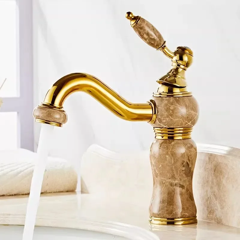 

Gold Brass Jade Bathroom Faucet Gold Basin Faucet Hot & Cold Bathroom Sink Faucet Deck Mounted Lavotory Faucet Mixer Water Tap
