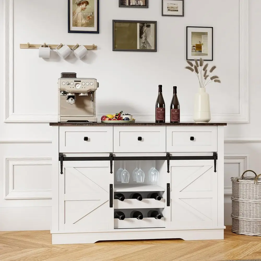 

Барный шкаф для вина в деревенском стиле, 54 дюйма, белый, с раздвижными дверцами, местом для хранения и черной столешницей, для гостиной/столовой