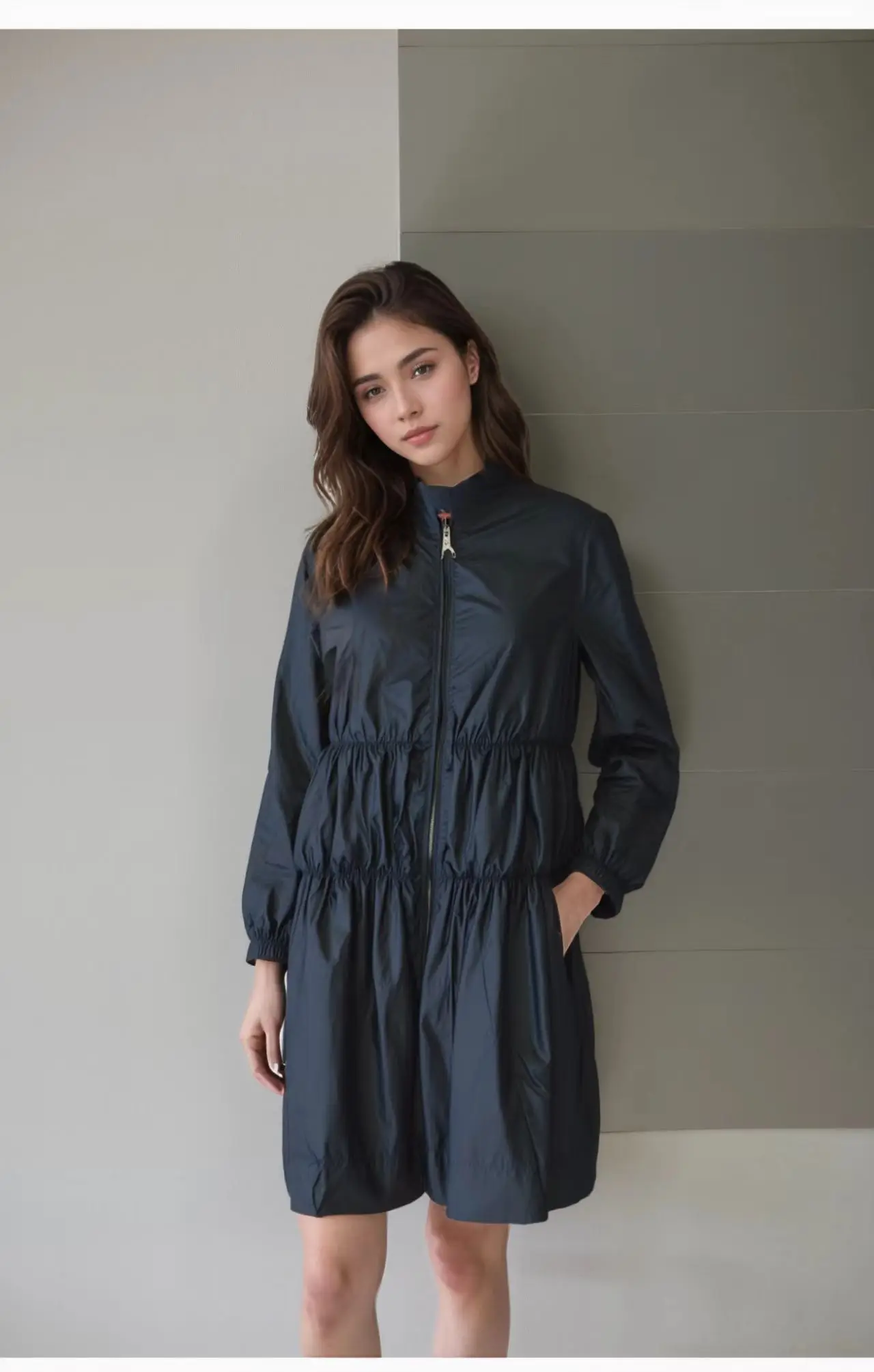 

Fenggejiwo women's windbreaker jacket medium long A-line skirt pleated solid color shirt skirt memory cotton material