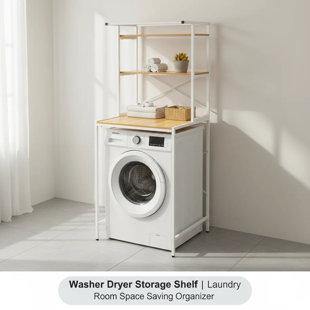 Washer and Dryer Storage Shelf, 3-Tier Bathroom Space Saver Organizer Rack with Sturdy Metal Frame, White + Wood Color