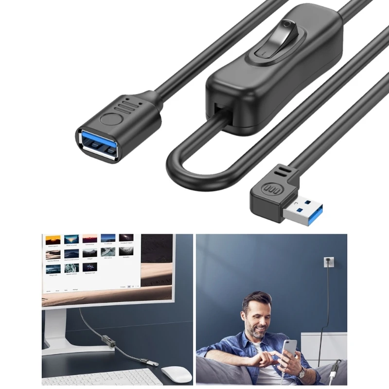 Straight Head/Down/Up/Left/Right Bending USB3.0 Extension Cable Power Cord with On Off Button Support Data Transfer F19E