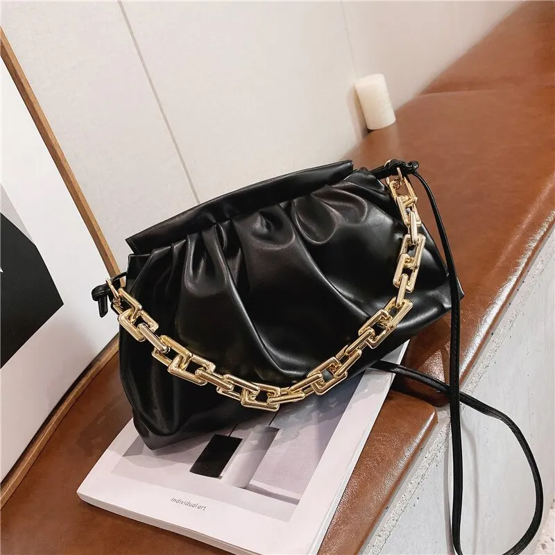 Women New Fashion Soft Clouds Pleated Satchel Chain Carrying Temperament Small Shoulder Bag Solid Color Simple Crossbody Bag